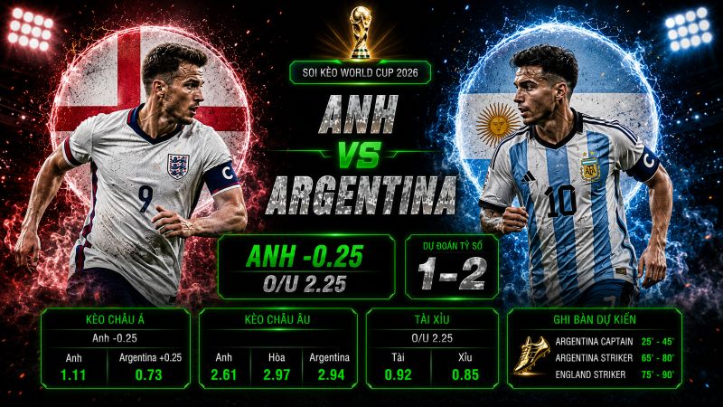Dự đoán tỷ lệ kèo kết quả và tỷ số Anh vs Argentina